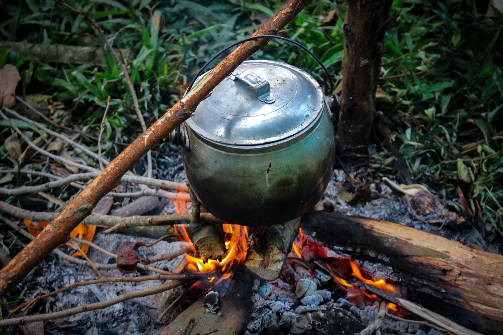 Eisenpfanne auf einem Campingkocher in der Natur