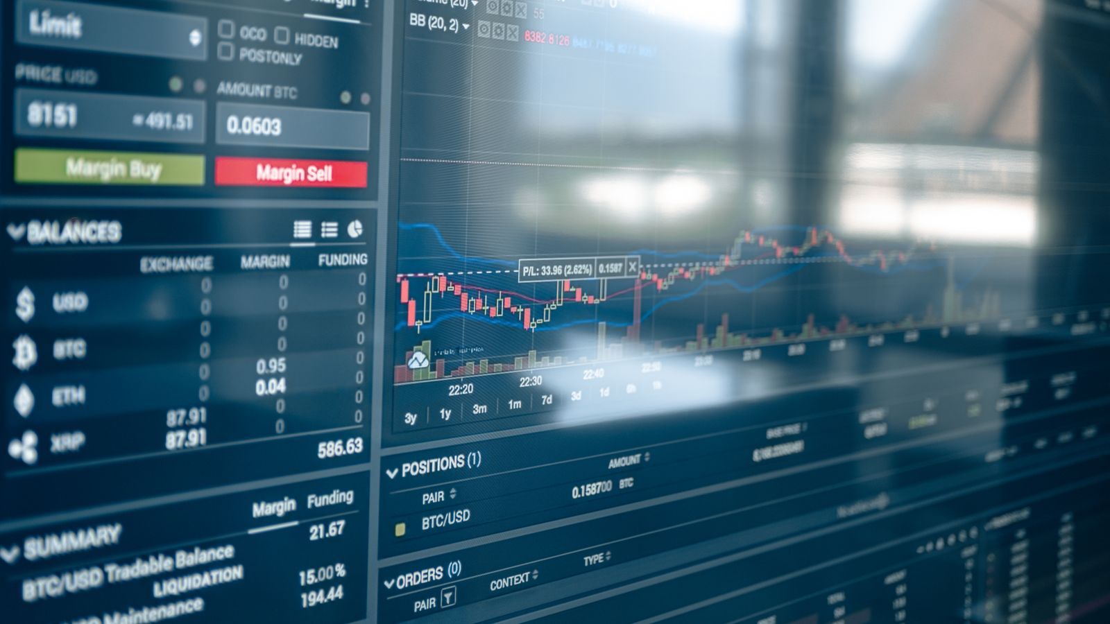 Bildschirm mit Börsenkursen und Finanzdiagrammen in blauem Licht