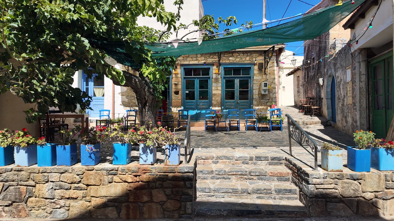 Griechische Taverne mit blauen Fensterläden, Stühlen und Blumentöpfen in einem sonnigen Hof