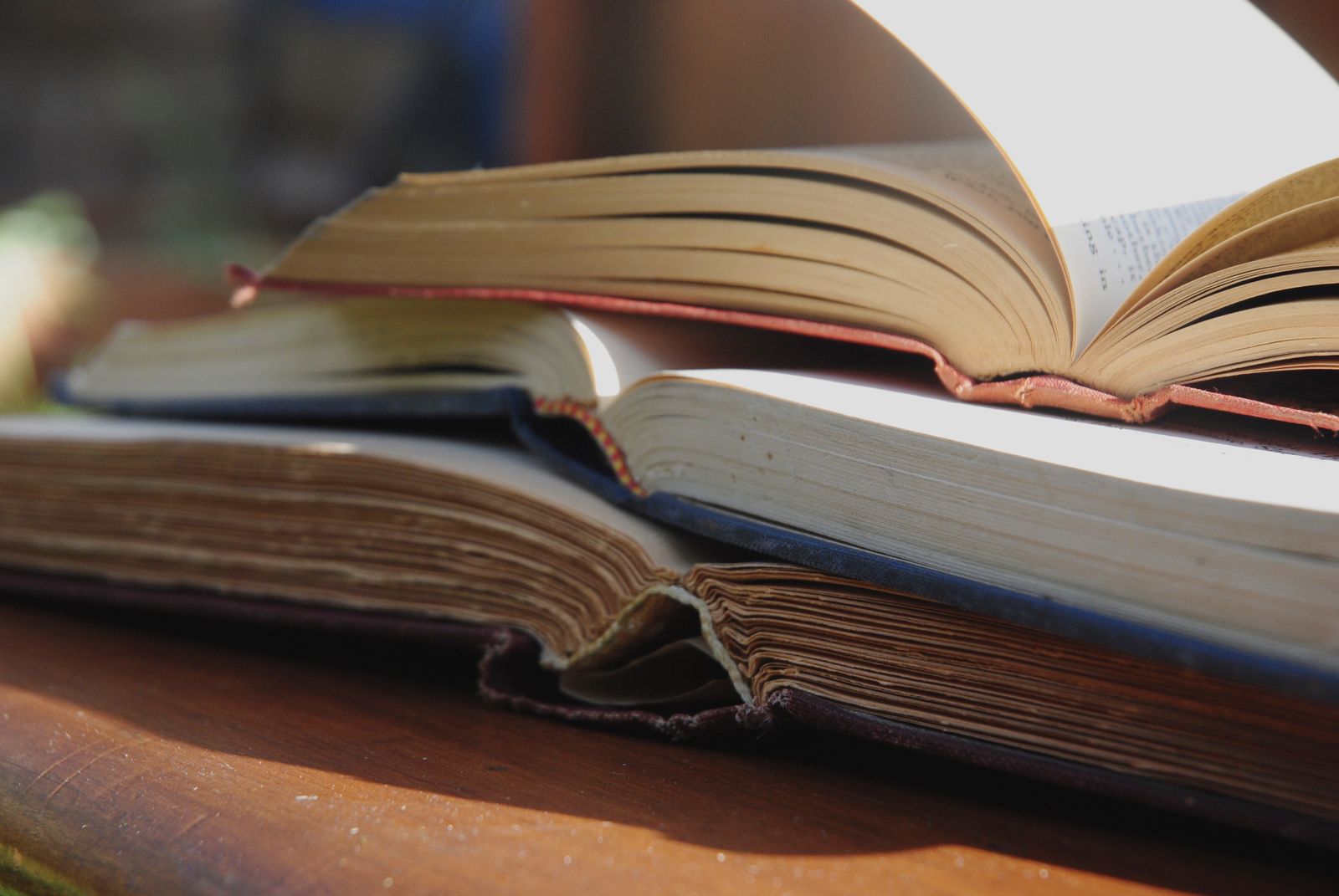 Stapel aufgeschlagener Bücher auf einem sonnenbeschienenen Holztisch