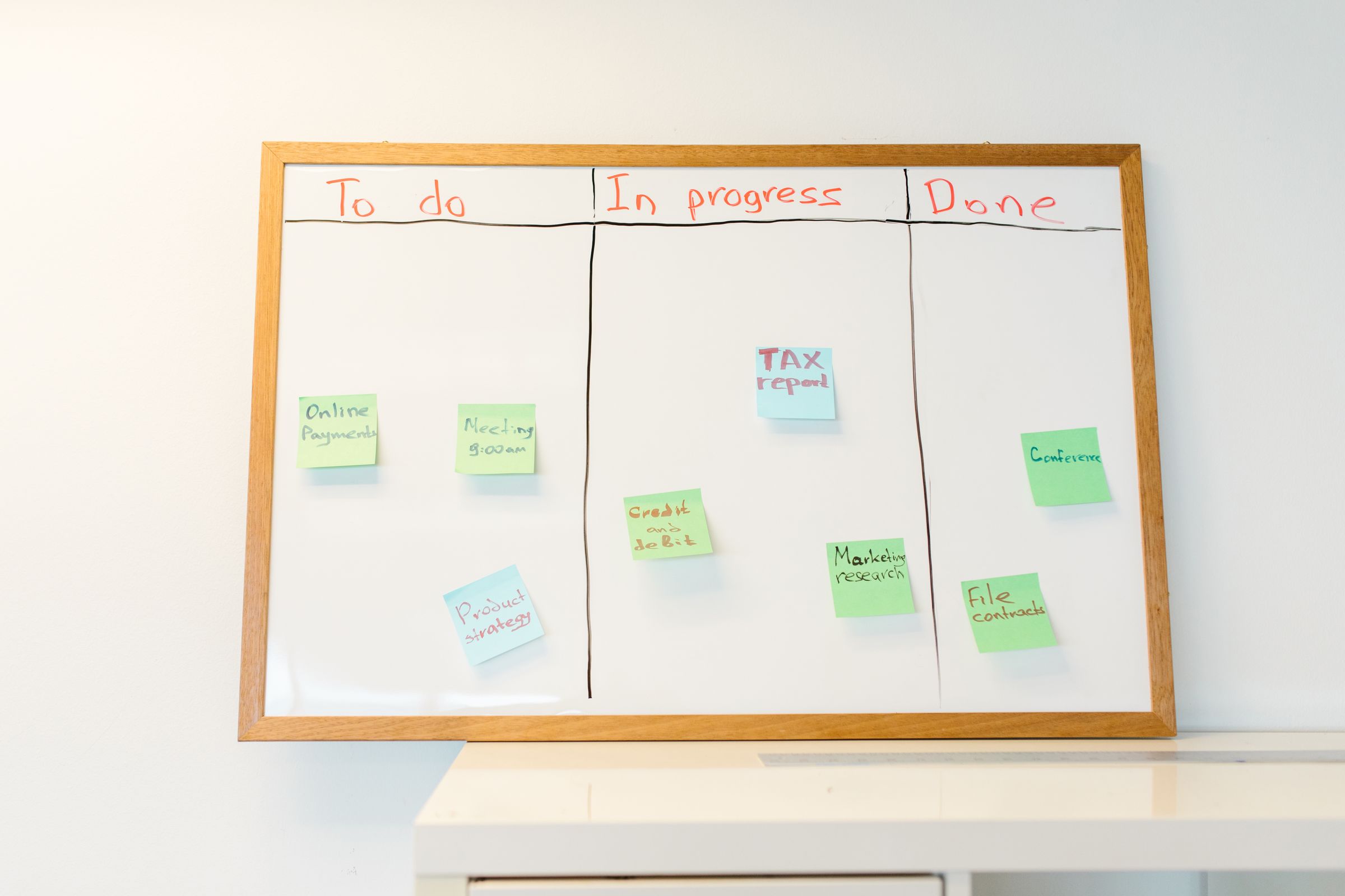 Whiteboard mit farbigen Klebezetteln in Spalten für To-do, In Bearbeitung und Erledigt
