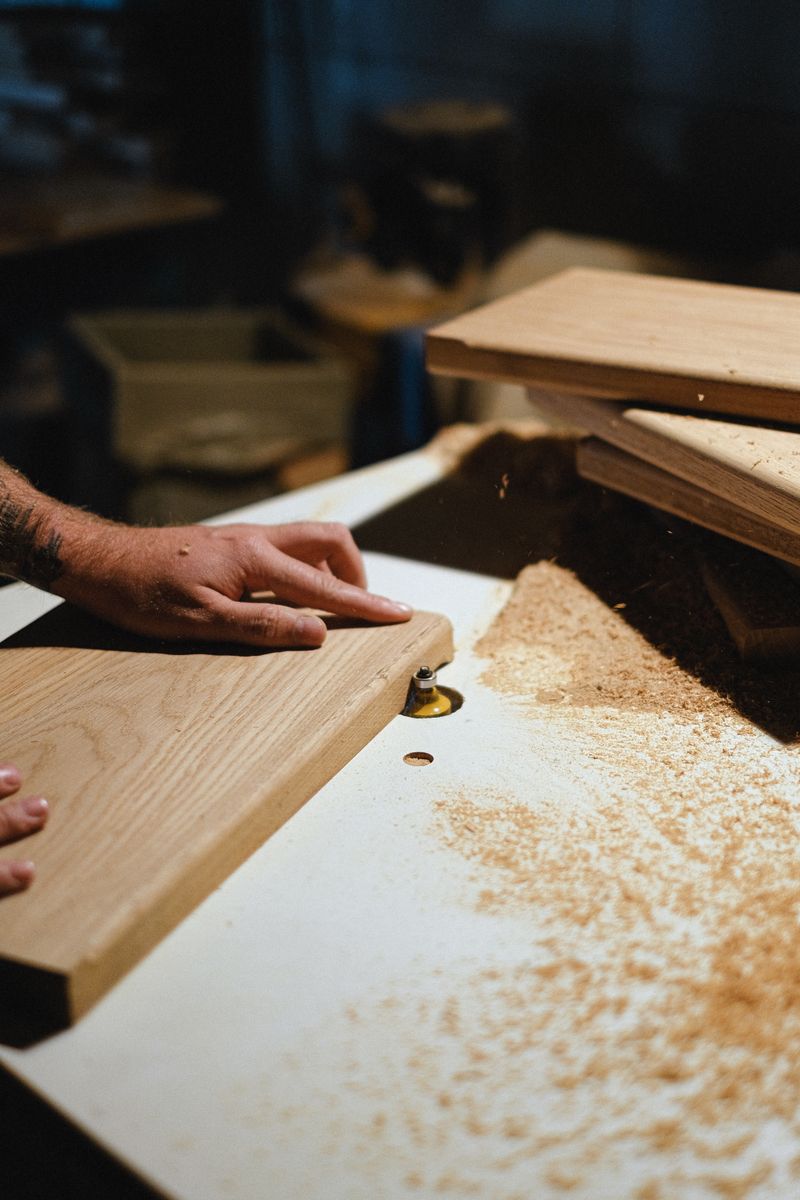 Handwerker schleift einen Holzbalken in einer Tischlerwerkstatt